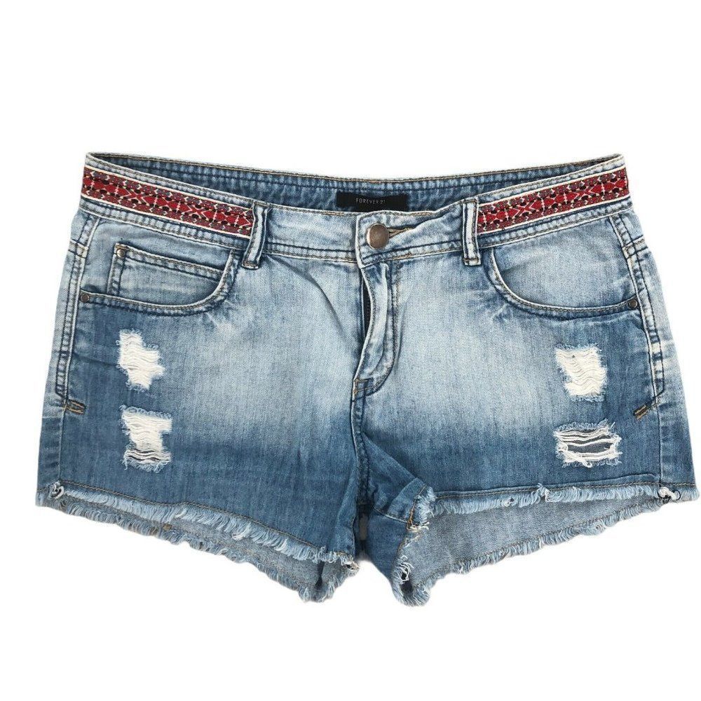 FOREVER 21 Womens Shorts Large Blue Whisker Denim Distressed Embellished Waist